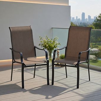 Patio Dining Chair Set of 2 with Wide Seat and Heavy-Duty Metal Frame-Brown
