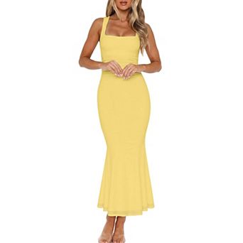 Womens Square Neck Ruched Bodycon Maxi Dress Mesh Wedding Guest Cocktail Party Gown