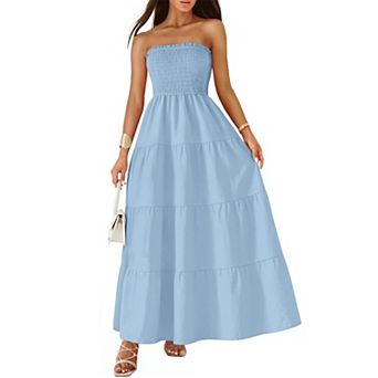 Womens Strapless Smocked Maxi Dress Ruffled Tiered Boho Pockets Summer Wear