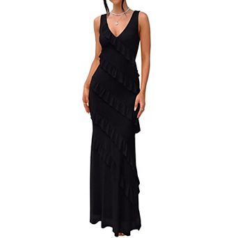 Womens V Neck Ruffle Mesh Bodycon Maxi Dress For Wedding Guest Party Vacation