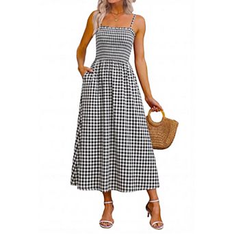 Womens Spaghetti Strap Maxi Dress Smocked Pockets Boho Beach Casual Sundress