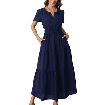 Women Summer Short Sleeve Maxi Dress Casual Pockets High Waist