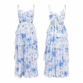 Women's Spaghetti Strap Tiered Maxi Dress Backless Tie Back Flowy Summer Dress