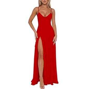 Women's V Neck Spaghetti Strap Backless Maxi Dress High Slit Formal Party Gown