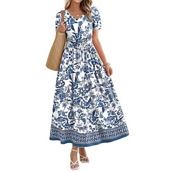 Women V Neck A Line Smocked Waist Boho Midi Maxi Dress Casual Summer Beach Wear