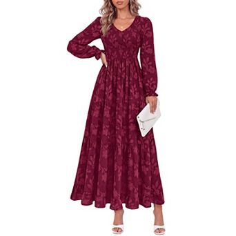 Womens Long Sleeve V Neck Smocked Maxi Dress With Pockets Fall Boho Party Wear
