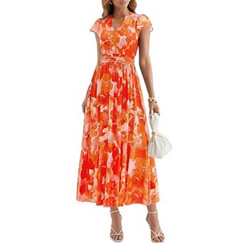 Womens Flutter Sleeve V Neck Mesh Maxi Dress Flowy Beach Vacation Casual Wear