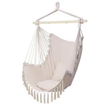 Hammock Chair Hanging Rope Swing, 550lb Macrame with 2 Cushions & Steel Bar, Indoor/Outdoor