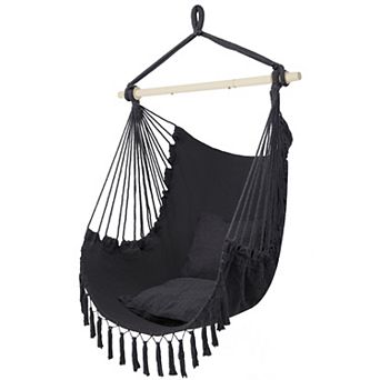 Hammock Chair Hanging Rope Swing, 550lb Macrame with 2 Cushions & Steel Bar, Indoor/Outdoor