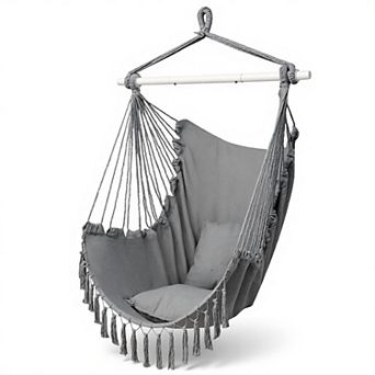 Hammock Chair Hanging Rope Swing, 550lb Macrame with 2 Cushions & Steel Bar, Indoor/Outdoor