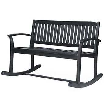 2-Person Acacia Wood Patio Rocking Loveseat with Armrests, Slatted Seat & Back for Backyard