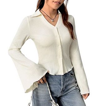 Women Collar V Neck Textured Button Down Flare Long Sleeve Fitted Casual Blouse