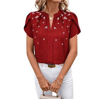 Women Notch V Neck Floral Embroidery Short Sleeve Textured Casual Blouse Top