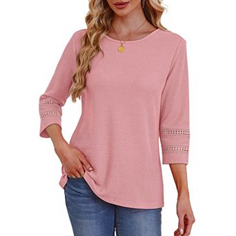 Women's Hollow Out 3/4 Sleeve Waffle Knit T-Shirts Top