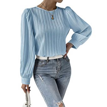 Women Crew Neck Vertical Pleated Puff Long Sleeve Solid Casual Blouse Top