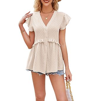 Women V Neck Button Front Ruffle Flutter Short Sleeve Peplum Casual Blouse Top