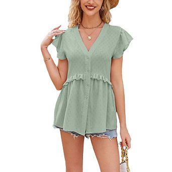 Women V Neck Button Front Ruffle Flutter Short Sleeve Peplum Casual Blouse Top