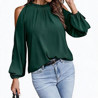 Women Ruffle Mock Neck Cold Shoulder Long Sleeve Chiffon Casual Blouse Top
