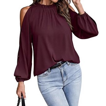 Women Ruffle Mock Neck Cold Shoulder Long Sleeve Chiffon Casual Blouse Top
