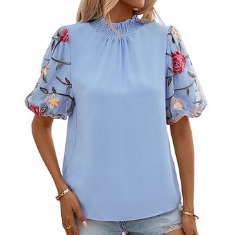 Women Ruffle Mock Neck Floral Embroidery Mesh Puff Short Sleeve Blouse Top