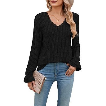 Women's V Neck Long Sleeve Casual T-Shirt Top