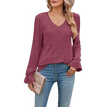 Women's V Neck Long Sleeve Casual T-Shirt Top
