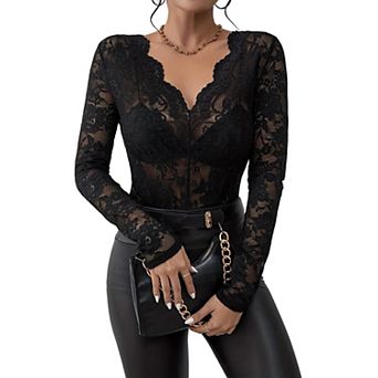 Women's V Neck Long Sleeve Lace Sheer Hollow Out T-Shirt Top