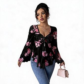 Women's Tie-Front Square Neck Flared Long-Sleeve Casual Blouse