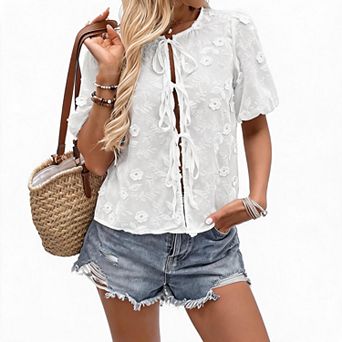 Women's Bowknot Tie-Front Casual Embroidered Blouse