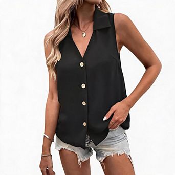 Women's Solid V-Neck Loose Sleeveless Button-Down Shirt