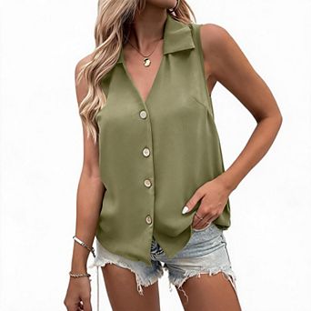 Women's Solid V-Neck Loose Sleeveless Button-Down Shirt