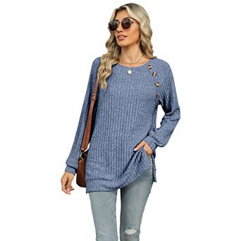 Women's Crew Neck Long Sleeve T-Shirt With Side Slits