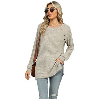Women's Crew Neck Long Sleeve T-Shirt With Side Slits