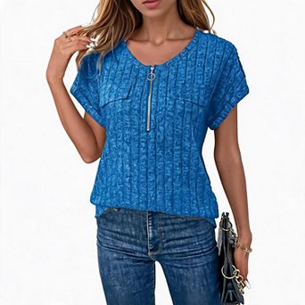 Women's Solid Zip-Up Short-Sleeve Loose T-Shirt