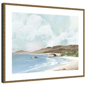 Tranquil Coastline Under Soft Skies by PI Studio Wood Framed Wall Art Print