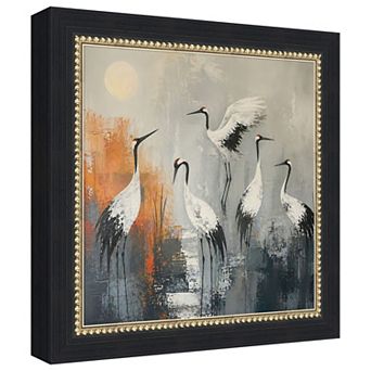 Cranes Gather Beneath Pale Moon by Tradelink inhouse artist Wood Framed Wall Art Print