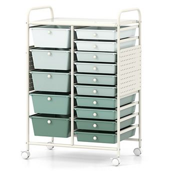 Costway 15-Drawer Rolling Cart with Pegboard, 2 Locking Brakes, Metal Frame for Home