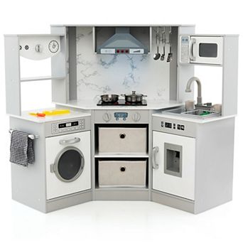 Costway Wooden Kids Play Corner Kitchen with Realistic Lights & Sounds Lighted Range Hood