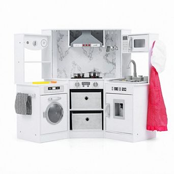 Costway Wooden Kids Play Corner Kitchen with Realistic Lights & Sounds Lighted Range Hood