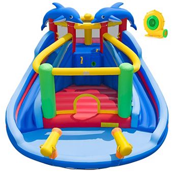 Costway Inflatable Water Slide Park with Double Slides, Jumping Area, 680W Blower for Yard