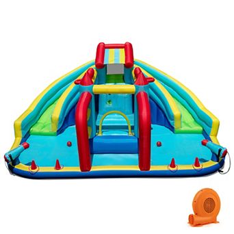 Costway Inflatable Water Park with Climbing Wall Splash Pool Water Cannons 750W Blower
