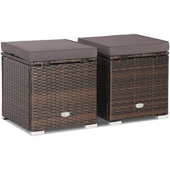Costway 2 pc Patio Rattan Ottomans Seat Side Table Storage Box Footstool