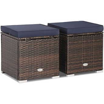 Costway 2 pc Patio Rattan Ottomans Seat Side Table Storage Box Footstool