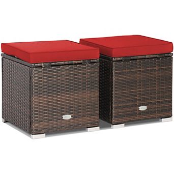Costway 2 pc Patio Rattan Ottomans Seat Side Table Storage Box Footstool