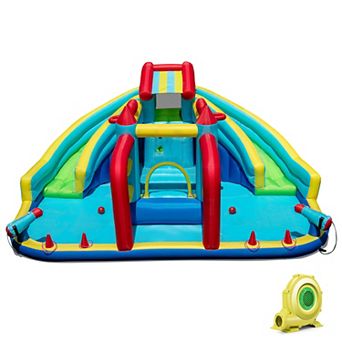 Costway Inflatable Water Park with Climbing Wall Splash Pool Water Cannons 735W Blower