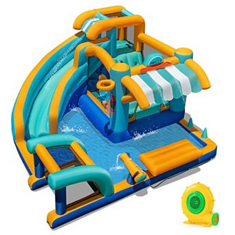 Costway Inflatable Water Park with Market Stand Climbing Wall Basketball Rim 735W Blower
