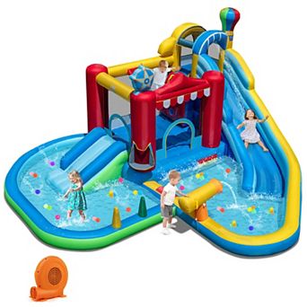 Costway Inflatable Water Park with Splash Pool, Water Cannon, Basketball Rim, 750W Blower
