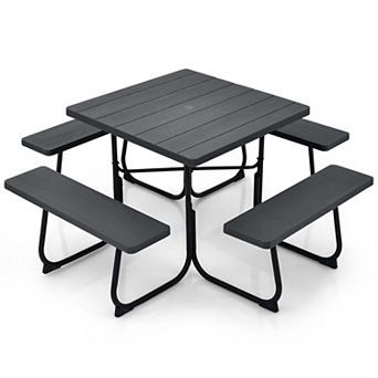 Costway 8-person Square Picnic Table Bench Set with 4 Benches & Umbrella Hole for Garden