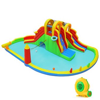 Costway Inflatable Water Slide Park with 2 Long Slides, Climbing Walls, Splash Pool w/750W Blower