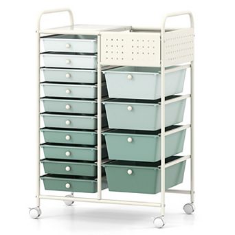 Costway 14-Drawer Art & Craft Storage Carts with Pegboard, 2 Locking Brakes, Metal Frame for Home
